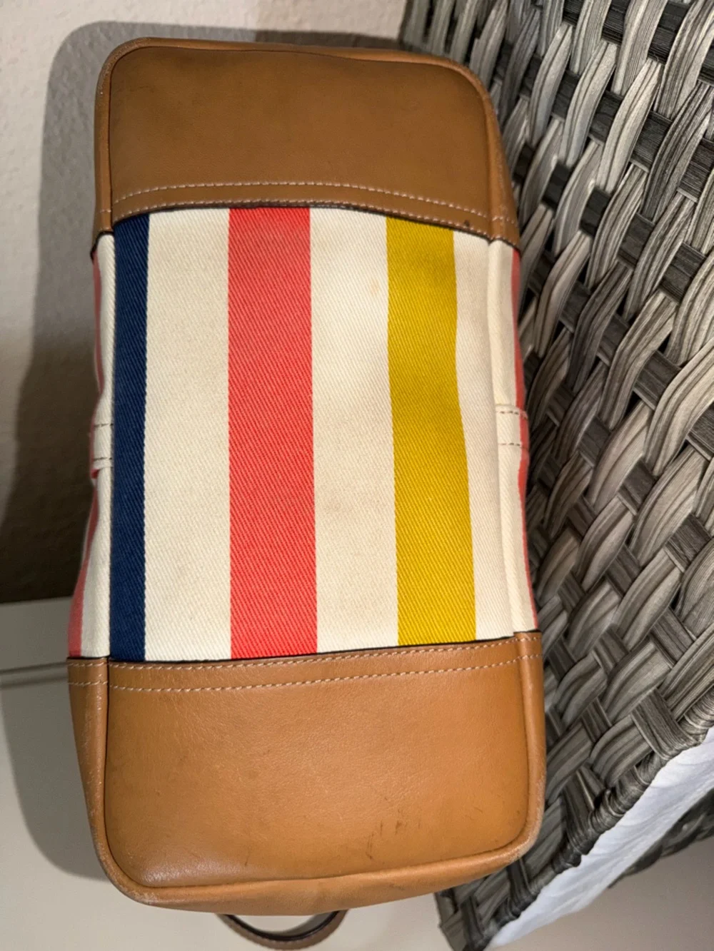 Coach Striped Canvas Tote in Coral, Mustard, Navy & Pink with Tan Leather F30041 - Picture 6 of 16